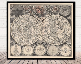 Antique 1744 Celestial Map "Planisphaerium Coeleste" - Old Constellation Astronomy Chart | Old Star Chart Zodiac Print | Vintage Canvas