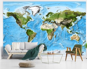 Exaggerated Relief Satellite Image Map Wall Mural - Removable Adhesive Fabric World Map Decal