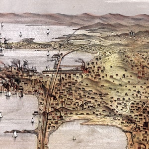May include: An antique hand-drawn map of a coastal city with a harbor filled with ships and a sprawling cityscape extending inland. The map is drawn in shades of brown, gray, and blue, with details of buildings, roads, and waterways.