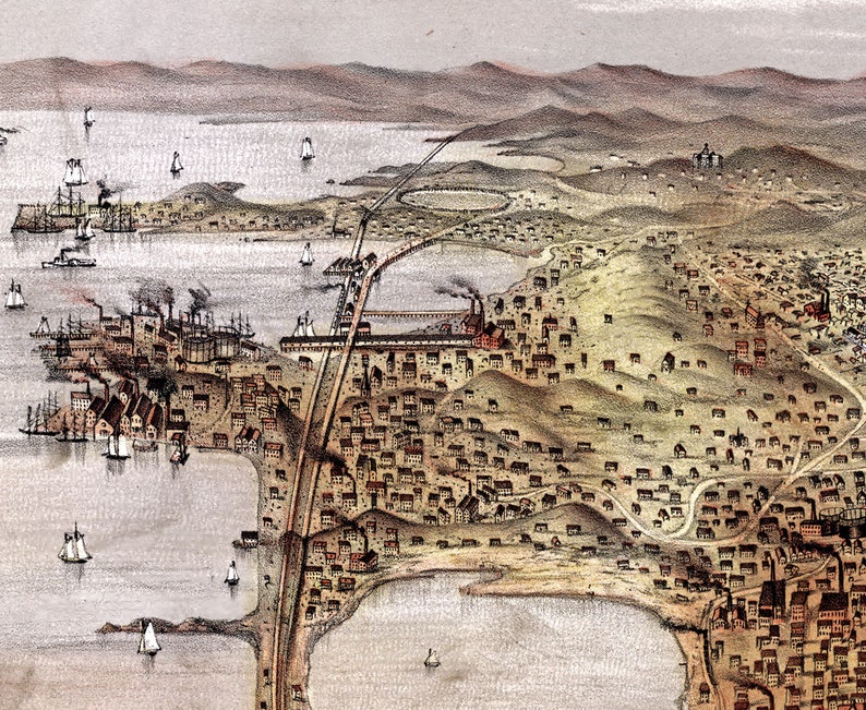 May include: An antique hand-drawn map of a coastal city with a harbor filled with ships and a sprawling cityscape extending inland. The map is drawn in shades of brown, gray, and blue, with details of buildings, roads, and waterways.