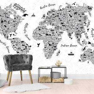 Zwart-wit muurschildering wereldkaart - geïllustreerde typografie kaart verwijderbaar behang | Peel & Stick-wereldkaart kinderkamer | Aangepaste formaten