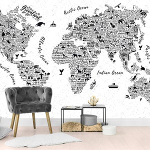 Black and White World Map Mural - Illustrated Typography Map Removable Wallpaper | Kids Room Peel & Stick  Giant World Map | Custom Sizes