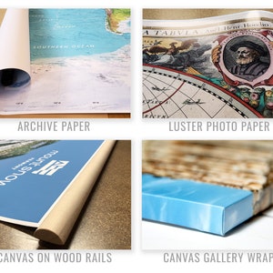 May include: Four different print options for a vintage map: archive paper, luster photo paper, canvas on wood rails, and canvas gallery wrap.