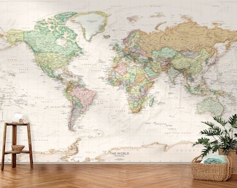 World Map Wall Mural in Beige Ocean Color - Peel & Stick Removable Wallpaper Map in Antique Style | - Custom Size World Map Wall Decor