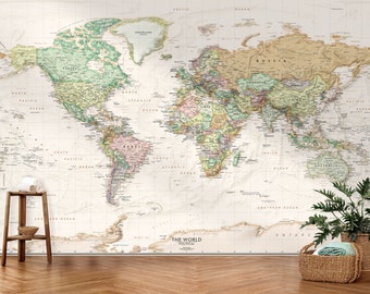 World Map Wall Mural Beige Ocean Peel & Stick Removable Wallpaper Custom Sizes Educational Decor