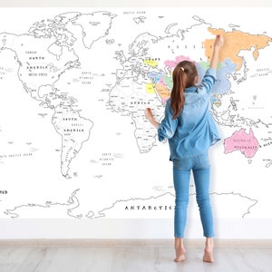 Mapa mundial para colorear - Mapa gigante para colorear del mundo para niños - Fondo de pantalla extraíble - Mapa de garabatos para niños - Autoadhesivo - Calcomanía de pared de mapa