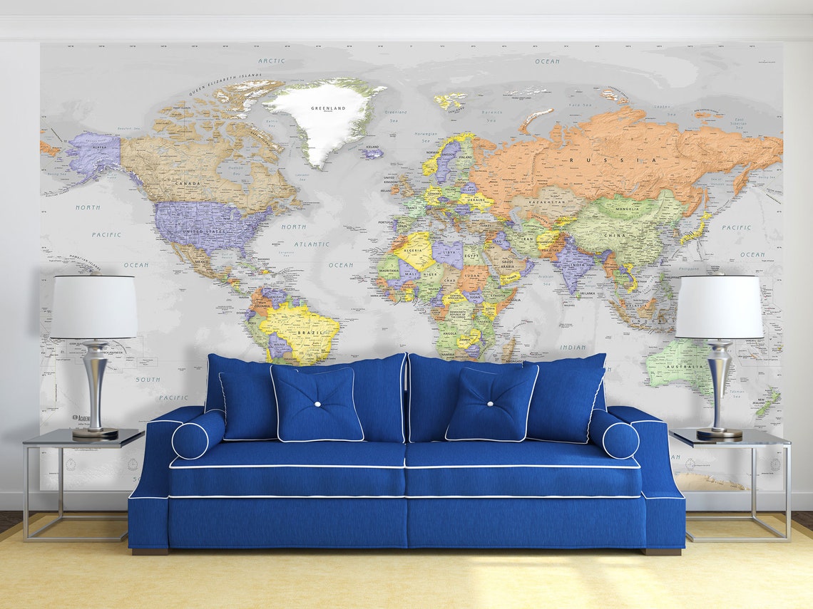 World Map Decal World Map Mural Detailed Gray Oceans Etsy