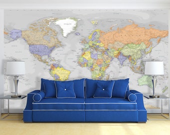 World Map Mural - Detailed Gray Oceans World Map Wall Art - Peel & Stick Removable Wallpaper - Large Map Wall Art