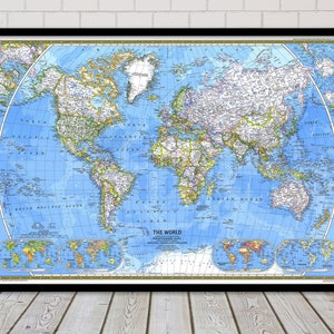 Reproduction artistique de carte du monde vintage 1981 National Geographic, impression de vieille carte | Poster de carte murale vintage |