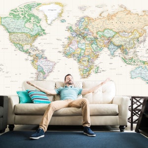 Mural de pared con mapa del mundo - Papel tapiz extraíble - Mural de pared con mapa del mundo autoadhesivo - Arte mural detallado con mapa del mundo
