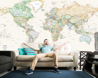 World Map Wall Mural - Removable Wallpaper - Peel & Stick Wall Map Mural - Detailed World Map Wall Art