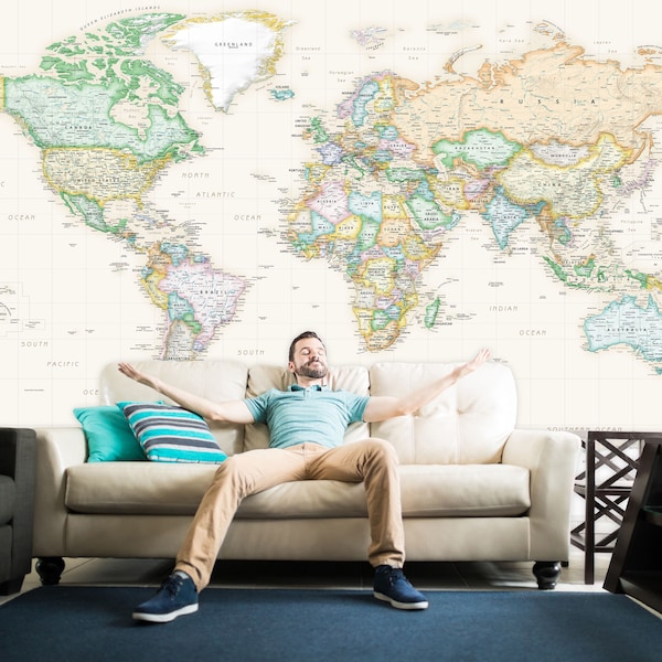 World Map Wall Mural - Removable Wallpaper - Peel & Stick Wall Map Mural - Detailed World Map Wall Art