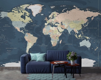 Papier peint carte du monde - océan bleu marine foncé - papier peint amovible carte du monde - immense carte du monde - carte du monde géante bleu foncé | Tailles personnalisées