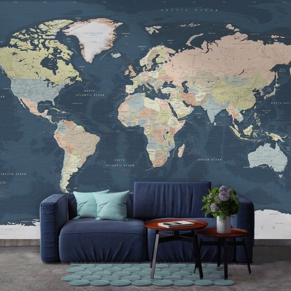 World Map Wall Mural: Dark Navy Blue Ocean - Removable, Custom Sizes