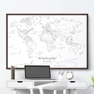 Schwarze Linien auf Weiß Pinnwand Reisekarte - Minimalistische Weltkarte - Länder und US Bundesstaaten Beschriftet - Geschenk Leinwand Pinnwand Karte