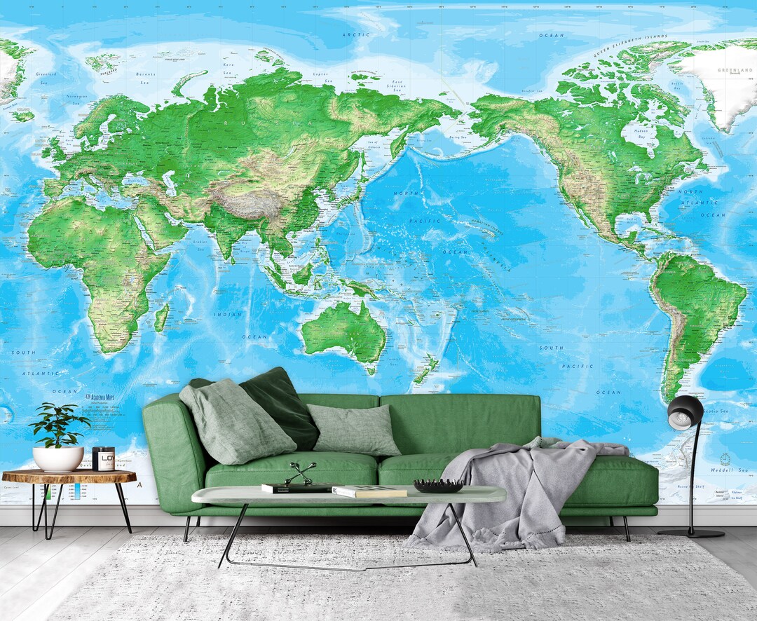 Giant Topographic World Map Pacific Ocean Centered Wall Mural Removable ...