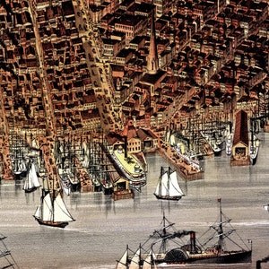 May include: An aerial view of a bustling city harbor with numerous ships docked at the pier. The ships are a mix of sailboats and steamships, with some having masts and others having smokestacks. The city skyline is visible in the background, with buildings of various sizes and styles.