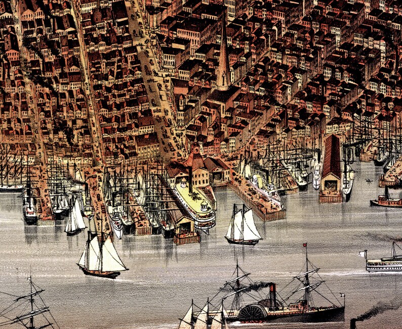 May include: An aerial view of a bustling city harbor with numerous ships docked at the pier. The ships are a mix of sailboats and steamships, with some having masts and others having smokestacks. The city skyline is visible in the background, with buildings of various sizes and styles.