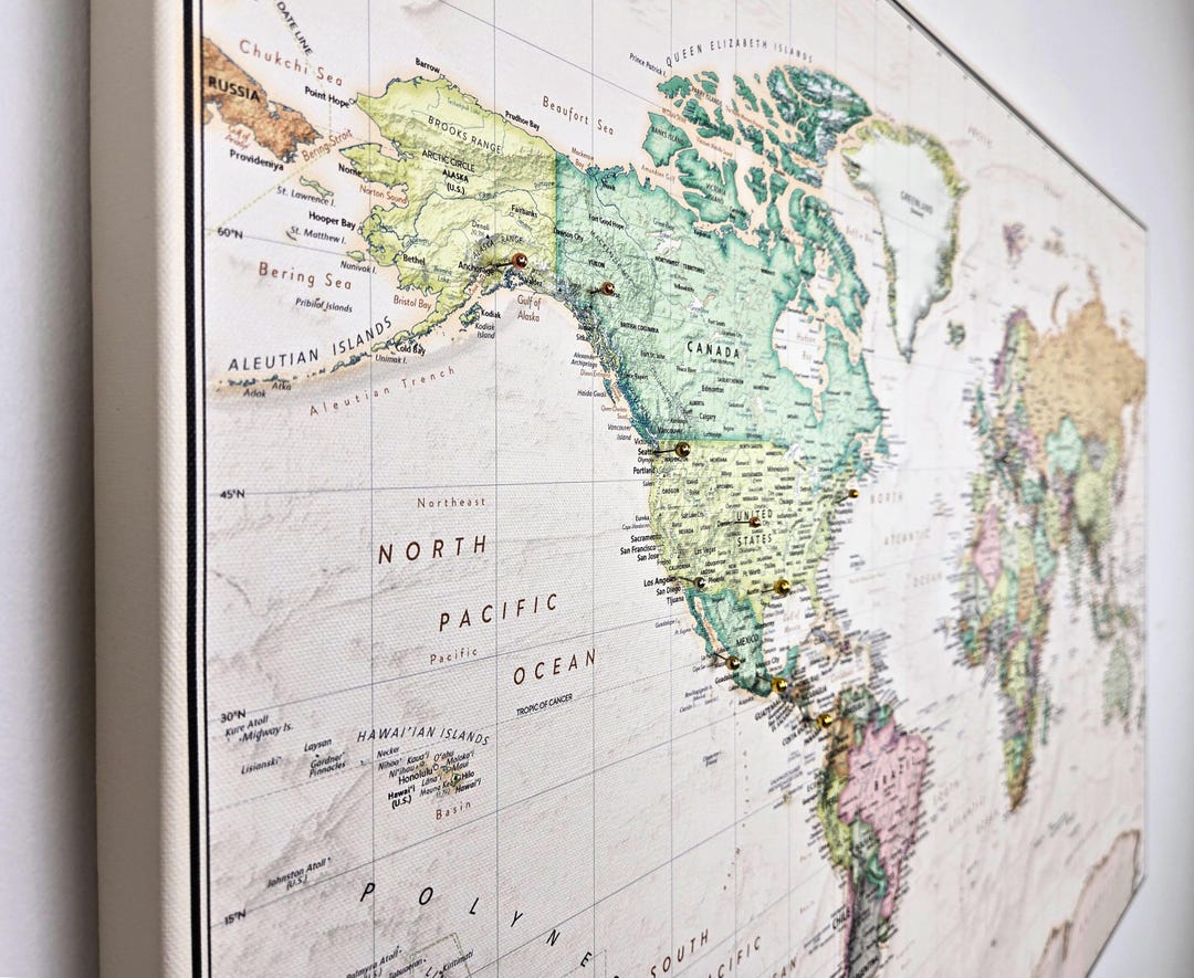 Beige Push Pin World Map – Antique Ocean Style Travel Map Wall Art ...