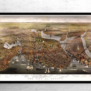 Boston Massachusetts 1873 Panoramaaussicht - Alte Landkarte aus der Vogelperspektive - Perspektiven Karte | Vintage Kunst Leinwand Landkarte | Archivpapier Druck