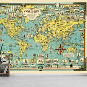 Vintage kaartmuurschildering - 1939 kleurrijke picturale wereldkaartbehang - verwijderbare Peel & Stick-stofafdruk - gigantische wereldkaart muursticker