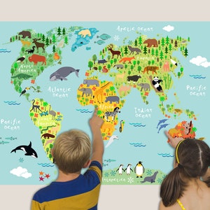 Riesige Kinderweltkarte - Illustrierte Tierkarte - Wieder ablösbare Tapete - Kinderkarte - Schälen und Aufkleben - Stoffwandbild - Landkarte Wandtattoo