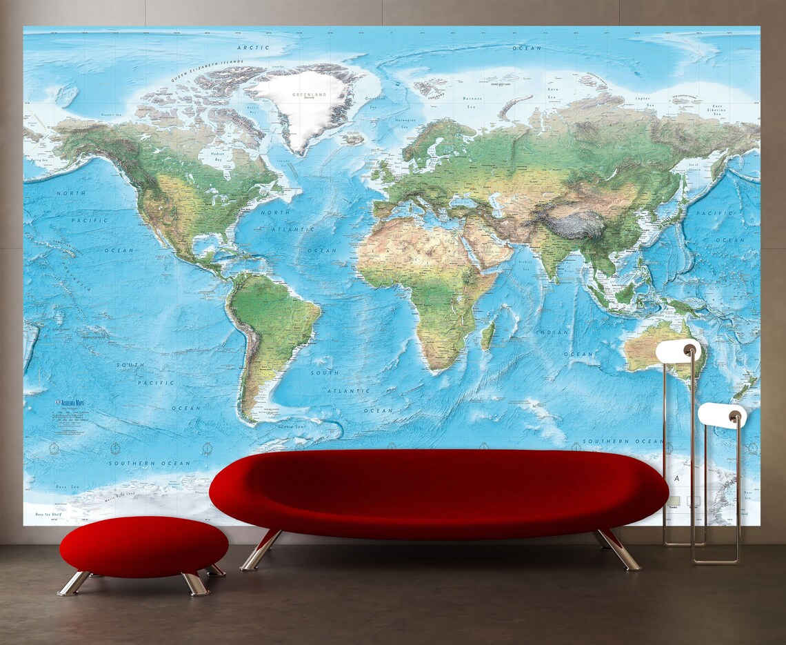 Peel & Stick Map Wall Mural World Map Wall Art Print Etsy