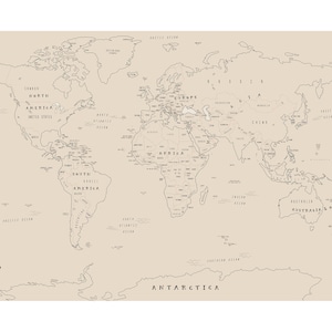 Neutral Soft Tan World Map Print -  Map for Kid's Room - Illustrated Simple World Map - Canvas on Wood Rails