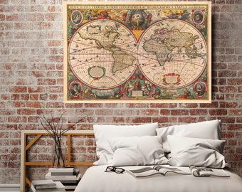 Hondius World Map - 1630 Map of the World - Reproduction Print of Henricus Hondius Map - Old World Map Wall Art Print