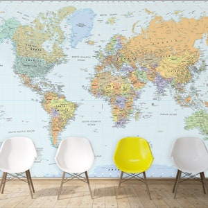 Classic Political World Map Wall Mural - Blue Ocean - Removable Wallpaper World Map - Large Peel & Stick - Giant World Map | Custom Sizes