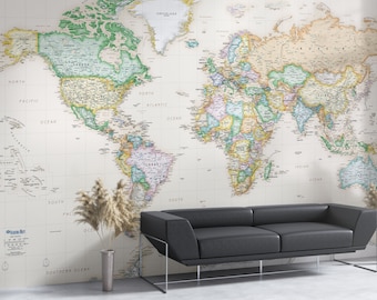 Map Wall Mural - Custom Removable Wallpaper - Personalized World Map Wall Art - Peel & Stick Wall Map Decal