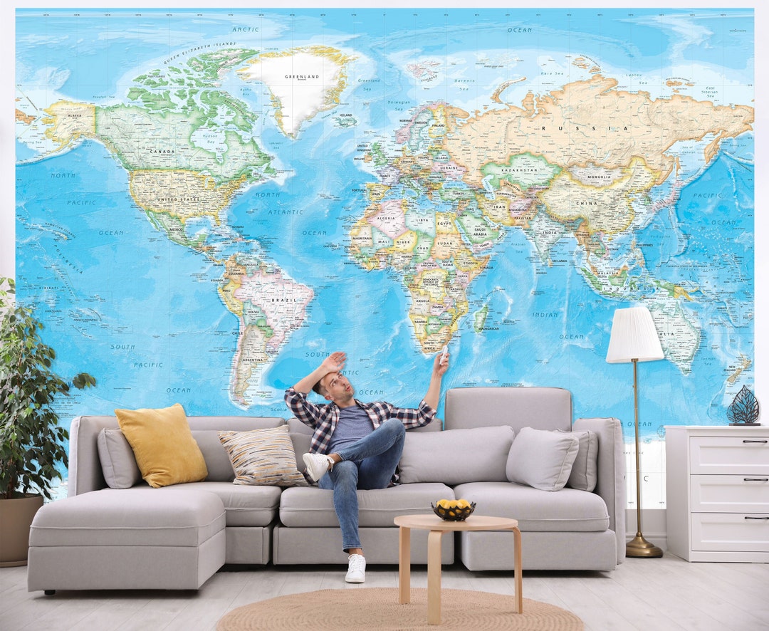 Giant World Map Wall Mural Removable Wallpaper Map of the World Huge Peel & Stick Fabric Map