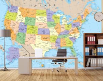 US Map Wall Mural: Colorful Political Design (Peel & Stick, Removable)