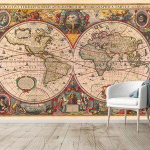 Old World Map Mural - 1630 - Antique Map Wallpaper - Removable Peel & Stick Fabric Print - Giant World Map Wall Decal Reproduction - Hondius