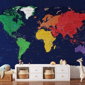 Behang Map of the World - Dark Oceans with Bright Continents - grote verwijderbare muurschildering