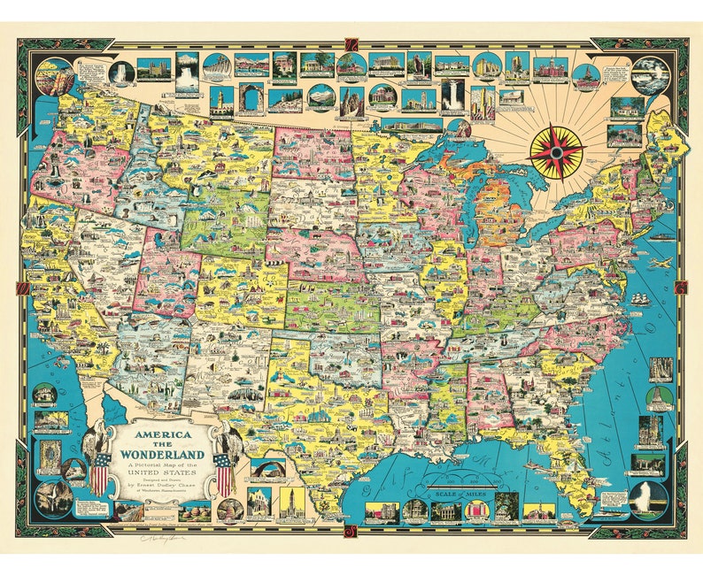 Vintage Usa Map Wall Mural 1941 Colorful Illustrated United Etsy