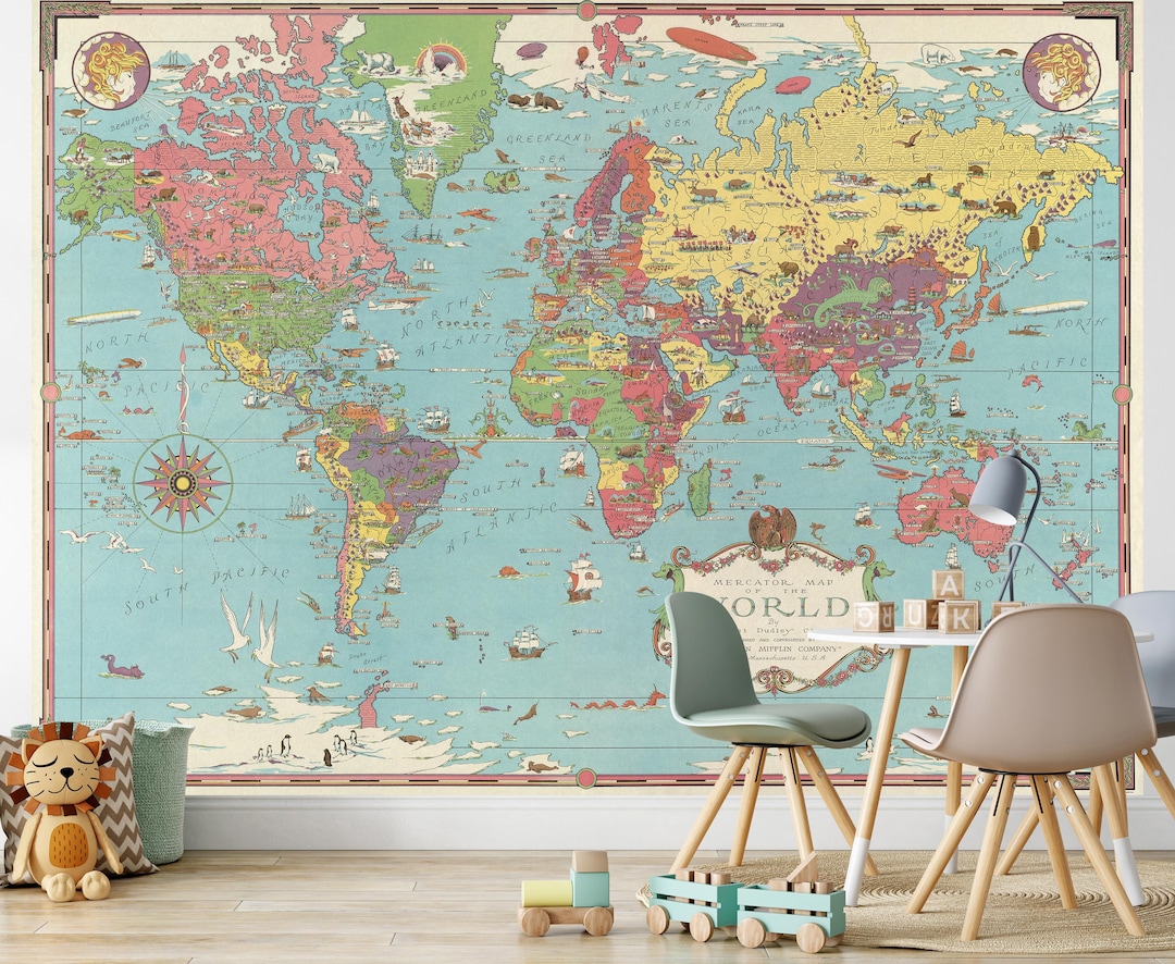 Vintage Map Wall Mural - 1931 Illustrated World Map Wallpaper ...