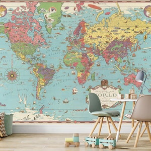 Papier peint carte vintage - papier peint carte du monde illustrée de 1931 - impression amovible sur tissu - Sticker mural carte du monde géant