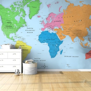 Kid's Bright Colorful World Map Wallpaper Mural - Peel & Stick Removable Wallpaper Map for Kid's Bedroom | - Custom Size Child's World Map