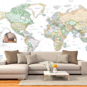 Removable Wallpaper World Map Wall Mural - White Ocean Political - Peel & Stick Fabric - Easy Installation