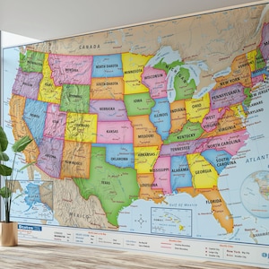 US Map Wandbild - USA Primäre Lernlandkarte Tapete - Schälen und Aufkleben - Einfache Installation und Entfernung