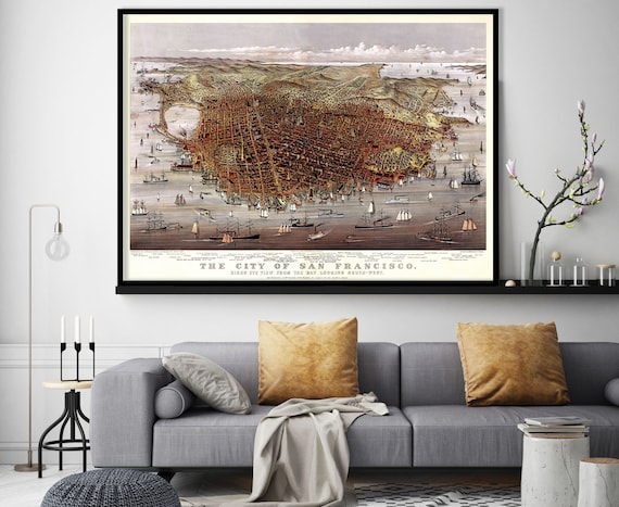 San Francisco Vintage Map, Bird's-eye Panoramic View (1878 Print)