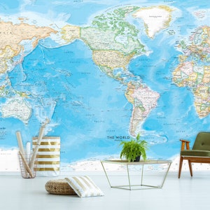 Mural de pared del mapa mundial centrado de América gigante - Mapa de fondo de pantalla extraíble Peel & Stick - Mapa mundial estándar del océano azul / Tamaños personalizados