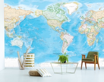 Giant America's Centered World Map Wall Mural - Removable Peel & Stick Wallpaper Map - Standard Blue Ocean World Map | Custom Sizes