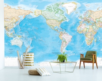 World Map Wall Mural: Blue Ocean Peel & Stick (Custom Sizes Available)