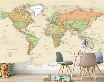 World Map Decal - Giant World Map Mural - Antique Oceans Political Map - Large World Map Removable Wallpaper - Peel & Stick Fabric