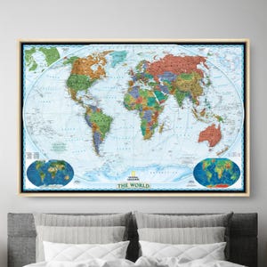 Push Pin World Map – National Geographic World Decorator Travel Map in Frame with Pins - Personalized Travel Tracking Canvas Map