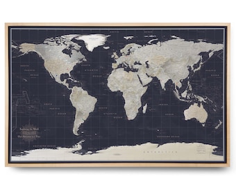 World Map Pin Board: Dark Ocean, Rustic Earth Tones - Canvas Wall Art