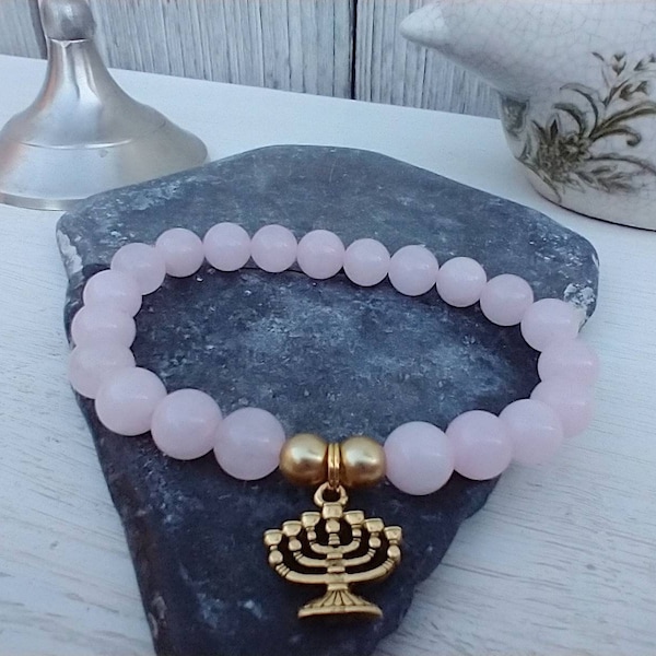 Rose of Sharon Pink Quartz & Golden Menorah Beaded Bracelet, Semi Precious Stones Charm Bracelets, Messianic, Bible Hebrew Roots Jewelry 6"+