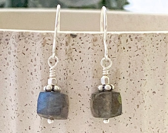 Labradorite gemstone earrings, grey stone earrings, minimalist silver earring, gifts under 50 dollars, gift for jewelry lovers, earring gift